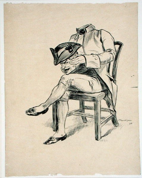 "ورأسه في حجره" ، رسم توضيحي من "أساطير إنجولدسبي ، أو ميرث آند مارفلز" ، بقلم توماس إنغولدسبي ، نُشر عام 1898 (قلم وحبر على ورق) بواسطة آرثر راكهام