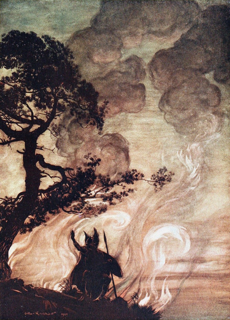 يتحول Wotan وينظر بحزن إلى Brünnhilde. رسم توضيحي لـ The Rhinegold and The Valkyr بواسطة آرثر راكهام