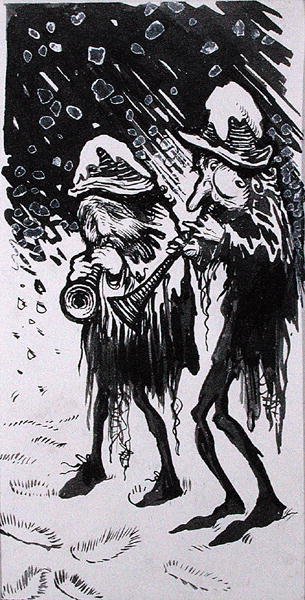 "Yule Logs، Snapdragon، Wassail، Waits and Holly" ، رسم توضيحي من "Old Friend Christmas" ، بواسطة CV Godby (قلم وحبر بألوان مائية أحادية اللون ولون جسم على ورق) بواسطة آرثر راكهام