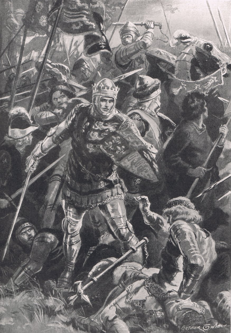 هنري الخامس ودوك دالنسون في معركة أجينكورت ، 25 أكتوبر 1415 ، رسم توضيحي من "المعارك البريطانية في البر والبحر" ، نشره كاسيل ، لندن ، ج .1910 بواسطة آرثر تويدل