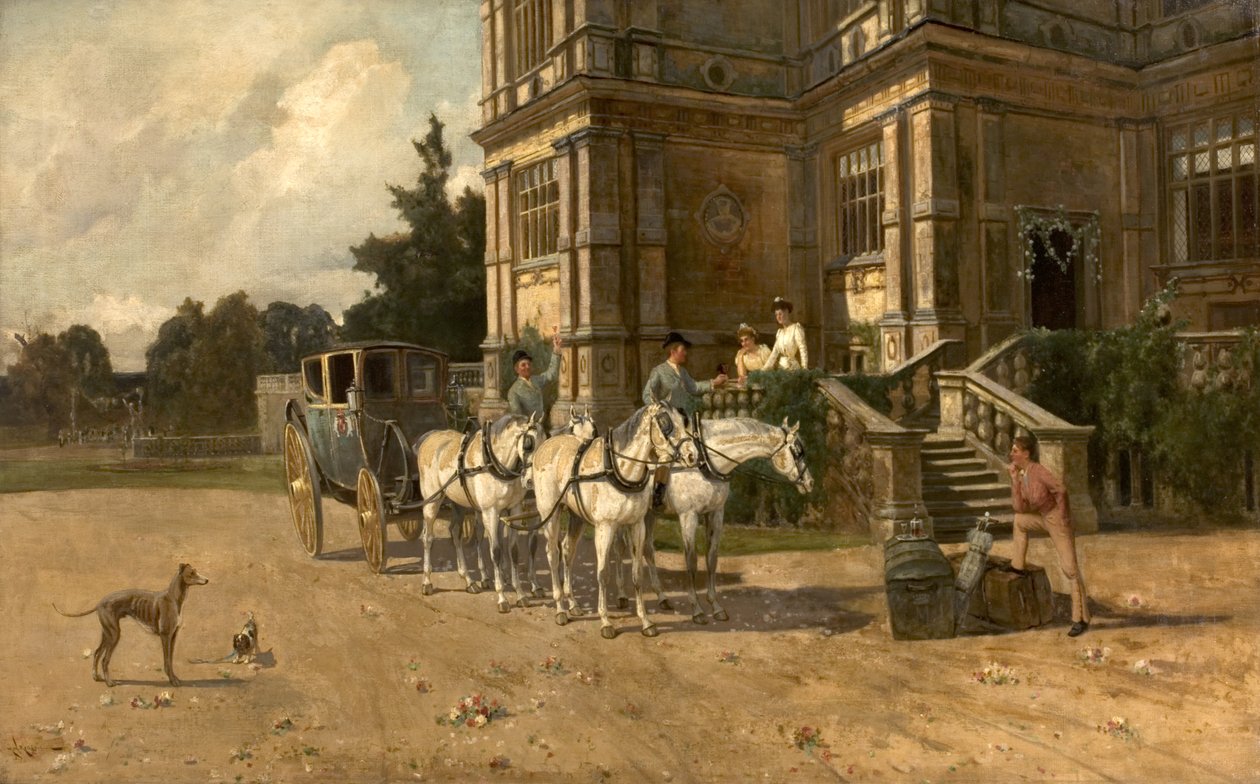 منظر أمامي لقاعة ولاتون ، نوتنغهام مع الحصان والنقل ، c.1880-1906 بواسطة آرثر ووكر ريدجيت