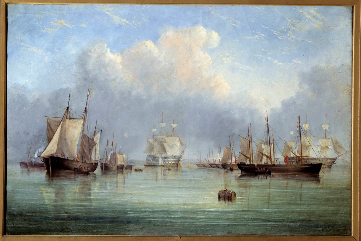 السفن البحرية والمراكب الشراعية الراسية. لوحة آرثر ويلينجتون فاولز (1815-1883) متحف أورليانز للفنون الجميلة في القرن التاسع عشر بواسطة آرثر ويلينجتون فاولز