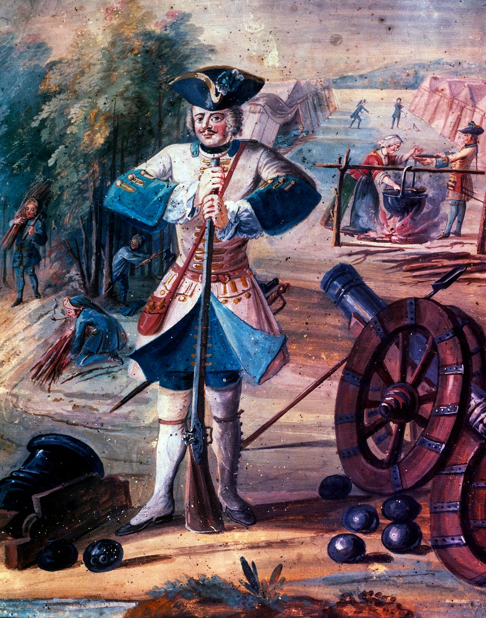 تمثيل لجندي مشاة من فوج الملك لويس الخامس عشر (1723-1774) حوالي عام 1740، التفاصيل، حوالي عام 1740 (زيت على قماش) بواسطة فنان غير معروف