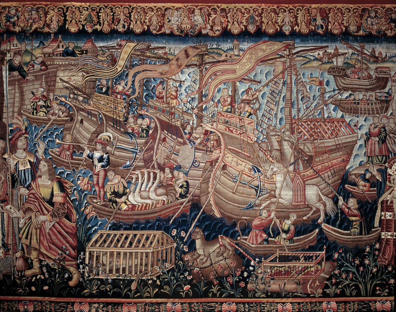 وصل الملاح البرتغالي فاسكو دي جاما (1459-1524) إلى كاليكوت في الهند عام 1498، التفاصيل، نسيج بواسطة فنان غير معروف