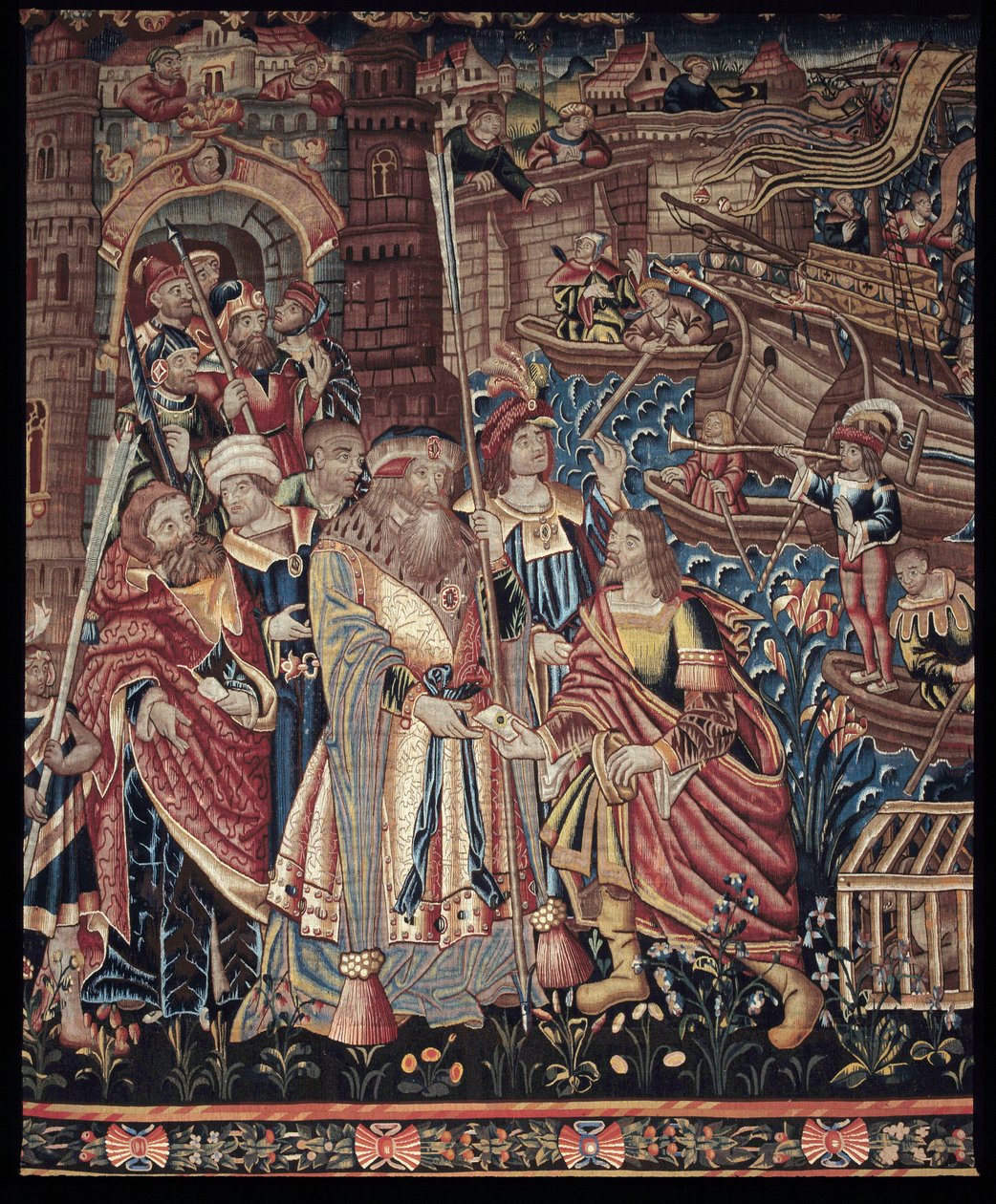 وصل الملاح البرتغالي فاسكو دي جاما (1459-1524) إلى كاليكوت في الهند عام 1498، التفاصيل، نسيج بواسطة فنان غير معروف