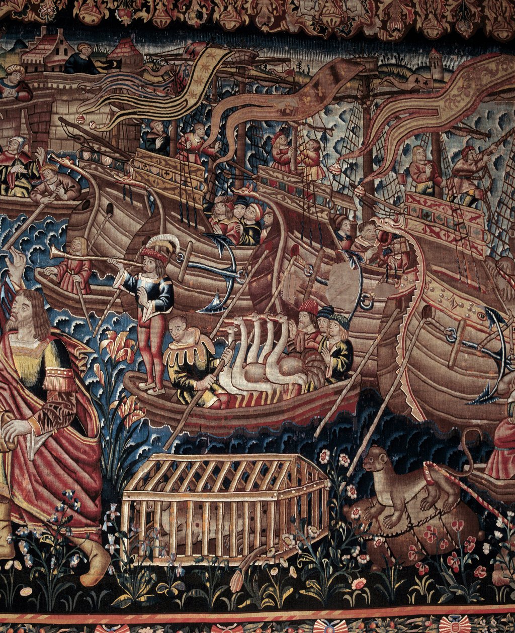 وصل الملاح البرتغالي فاسكو دي جاما (1459-1524) إلى كاليكوت في الهند عام 1498، التفاصيل، نسيج بواسطة فنان غير معروف