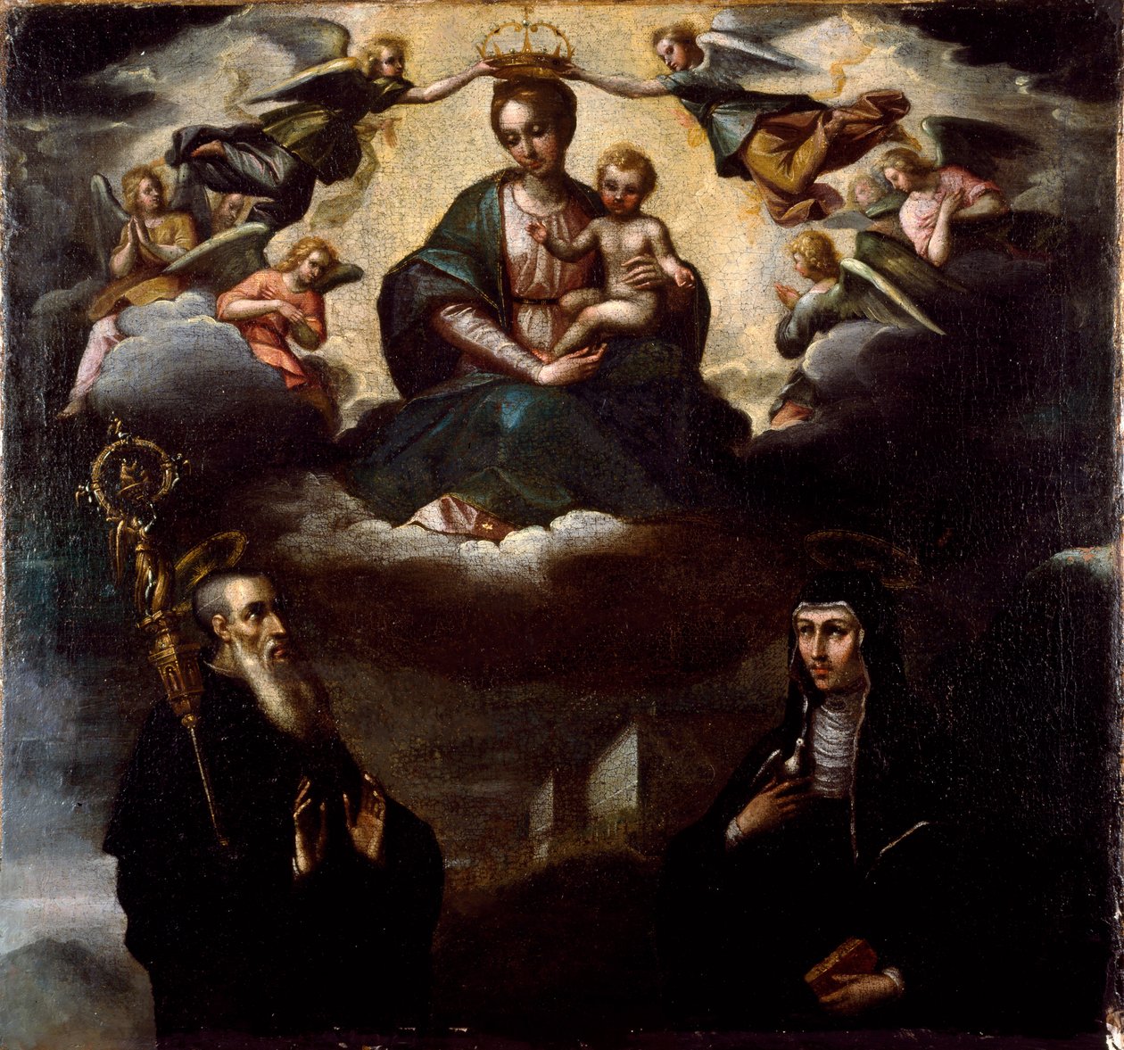 العذراء تحمل الطفل مع القديس بنديكتوس النورسي وأختها القديسة سكولاستيك (سكولاستيك)، مؤسس رهبانية البينديكتين المجهول الرسم. دير مونتي كاسينو، إيطاليا بواسطة فنان غير معروف