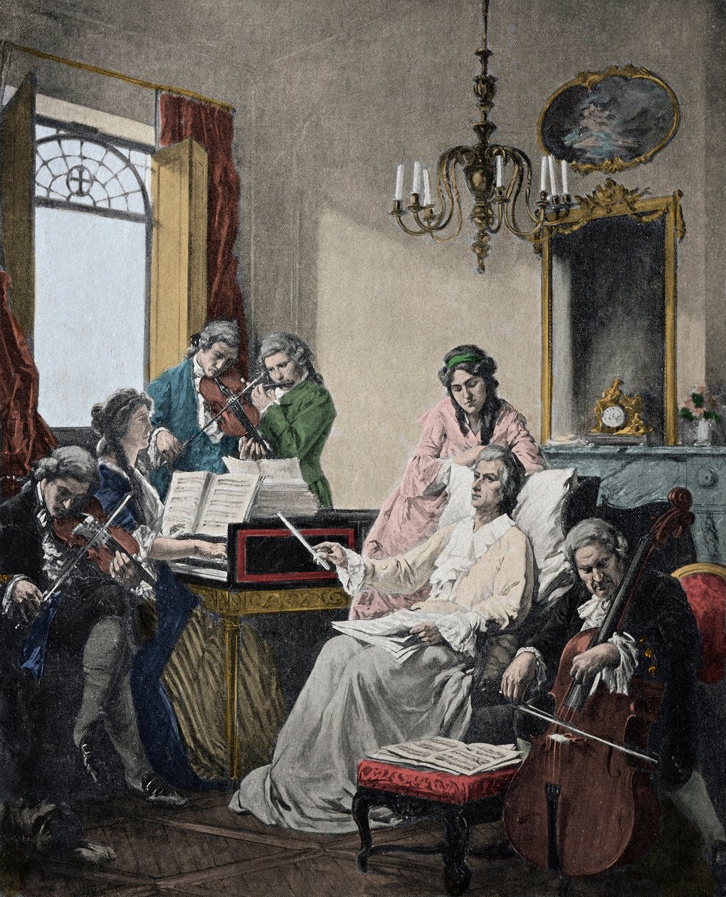 فولفغانغ أماديوس موتسارت (1756-1791) وهو يحتضر، يقود فرقة من الموسيقيين لقصيدة القداس التي انتهى منها للتو (موتسارت (1756-1791) في أيامه الأخيرة يقود مجموعة من الموسيقيين لقصيدة القداس) بواسطة فنان غير معروف