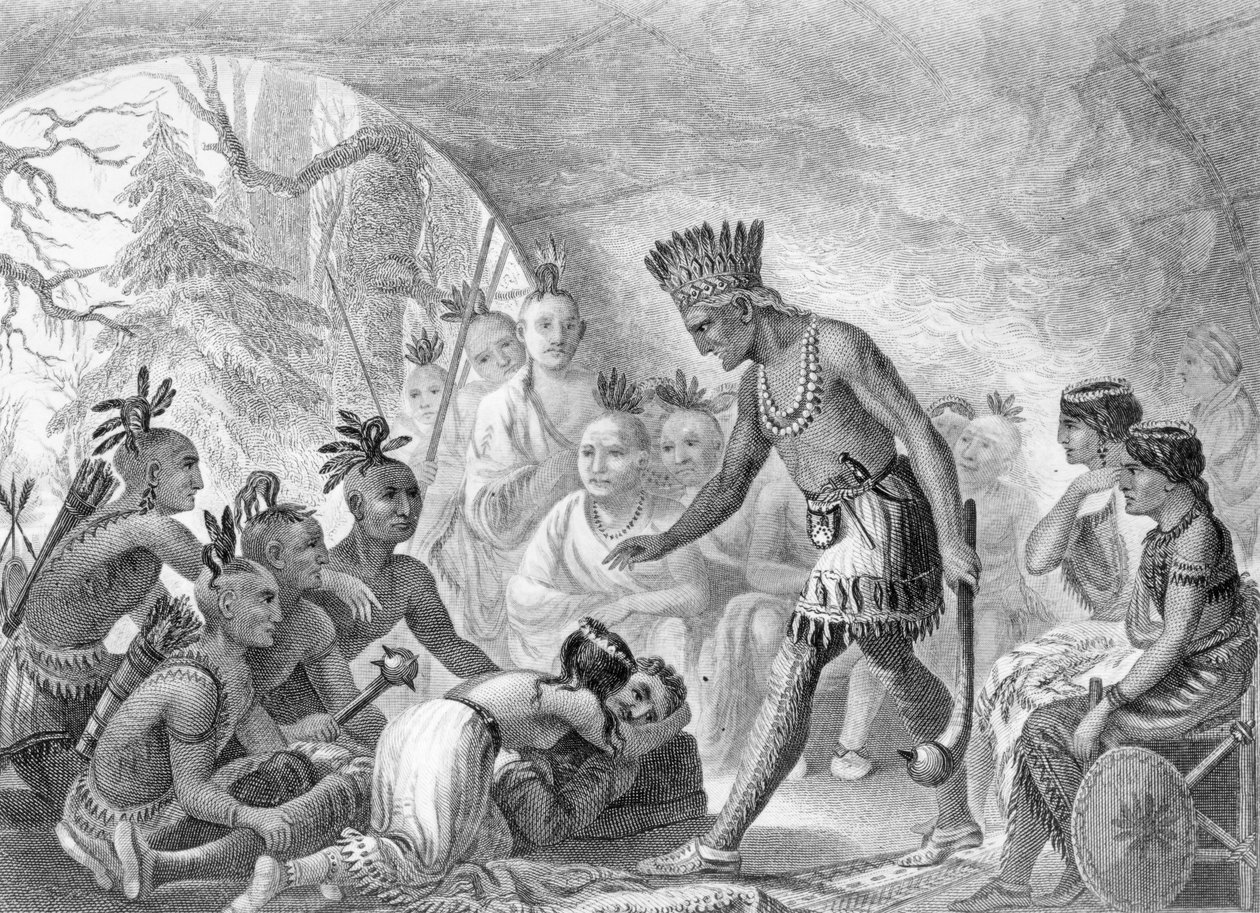 تم إنقاذ الكابتن سميث من قبل بوكاهونتاس ، 1607 ، منقوش بواسطة DG Thompson ، القرن التاسع عشر بواسطة آسا كوليدج وارن