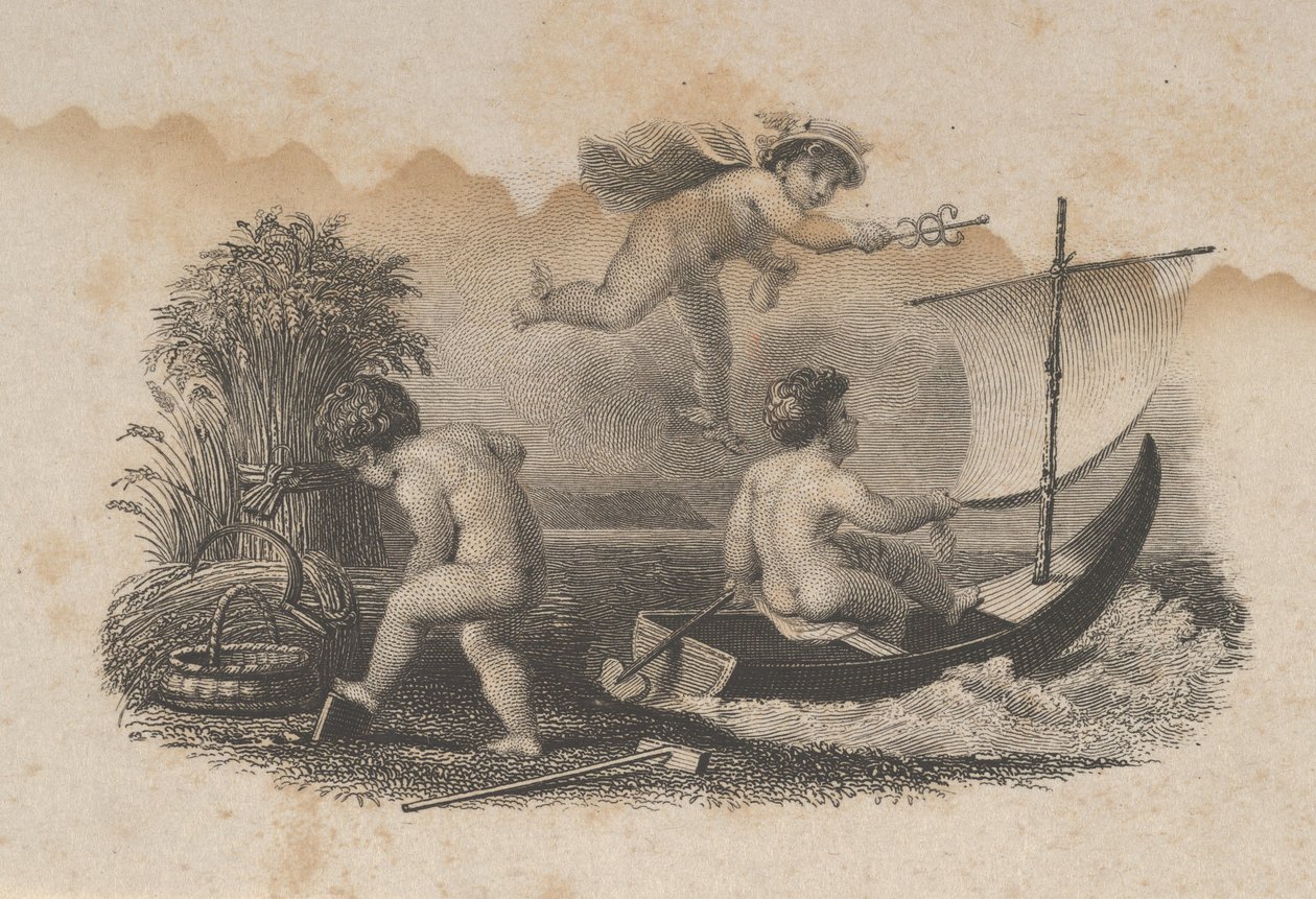 ورقة صغيرة من الأوراق النقدية مع ثلاثة معجون يرمز إلى التجارة والزراعة ، كاليفورنيا. 1824-37. بواسطة آشر براون دوراند.