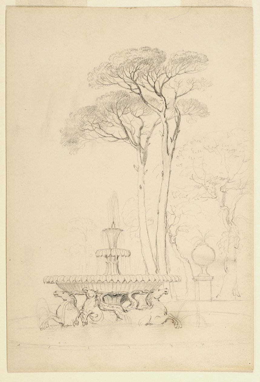 منظر لنافورة Hippocampus -Fontana de &39;Cavalli Marini بواسطة Cristoforo Unterberger ، 1791- في حدائق بورغيزي ، روما ، إيطاليا ، 1841 (الجرافيت على الورق) بواسطة آشر براون دوراند