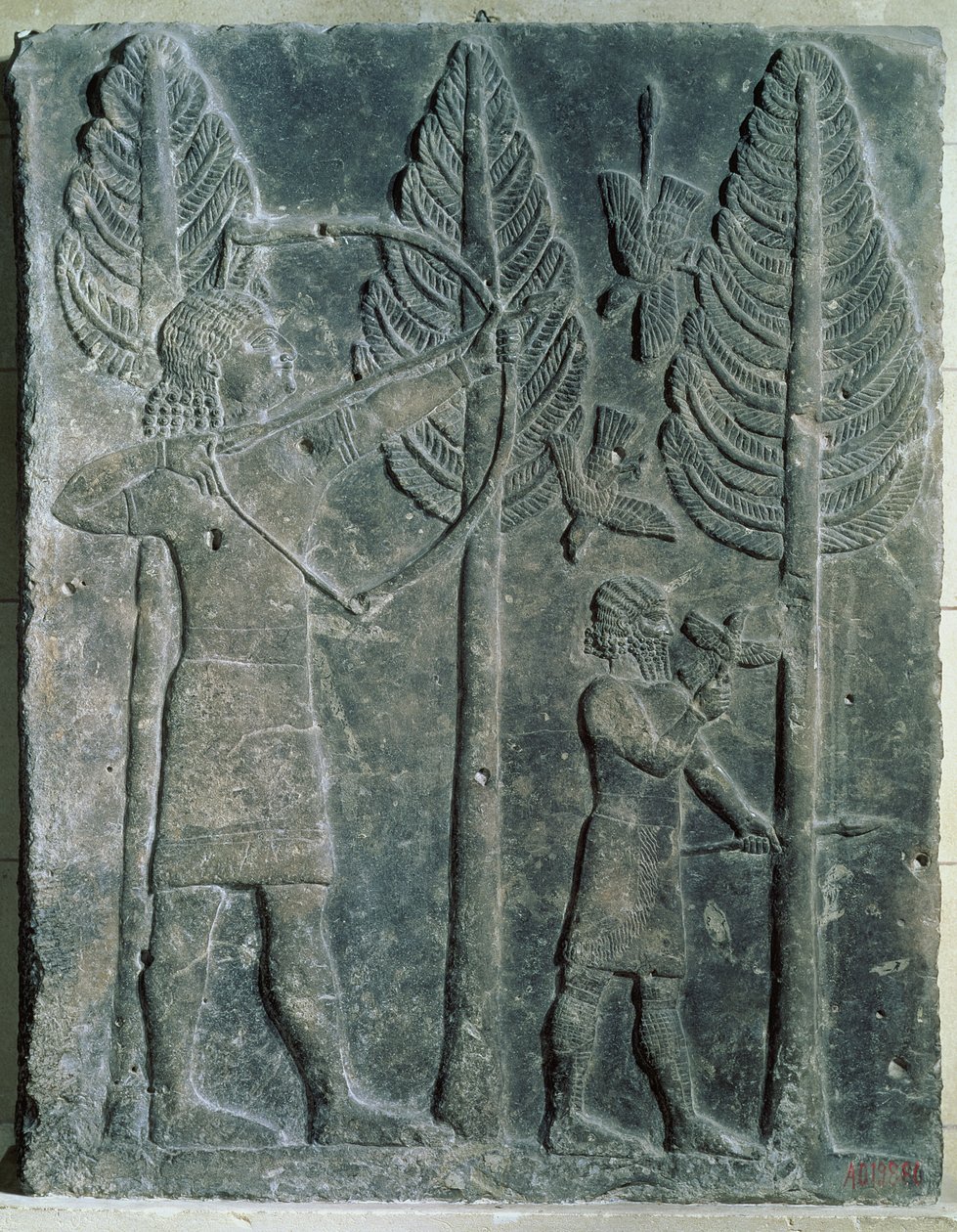 نقش يصور صيد الطيور في الغابة ، من قصر سرجون الثاني في خورس آباد ، العراق (الجبس) بواسطة الآشورية