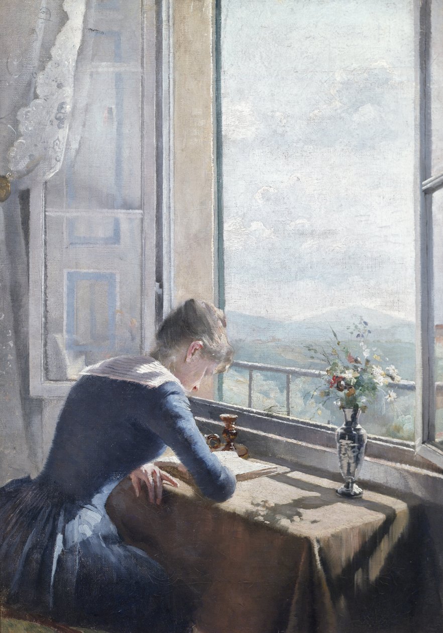 امرأة تقرأ من نافذة مفتوحة بواسطة Asta Nørregaard