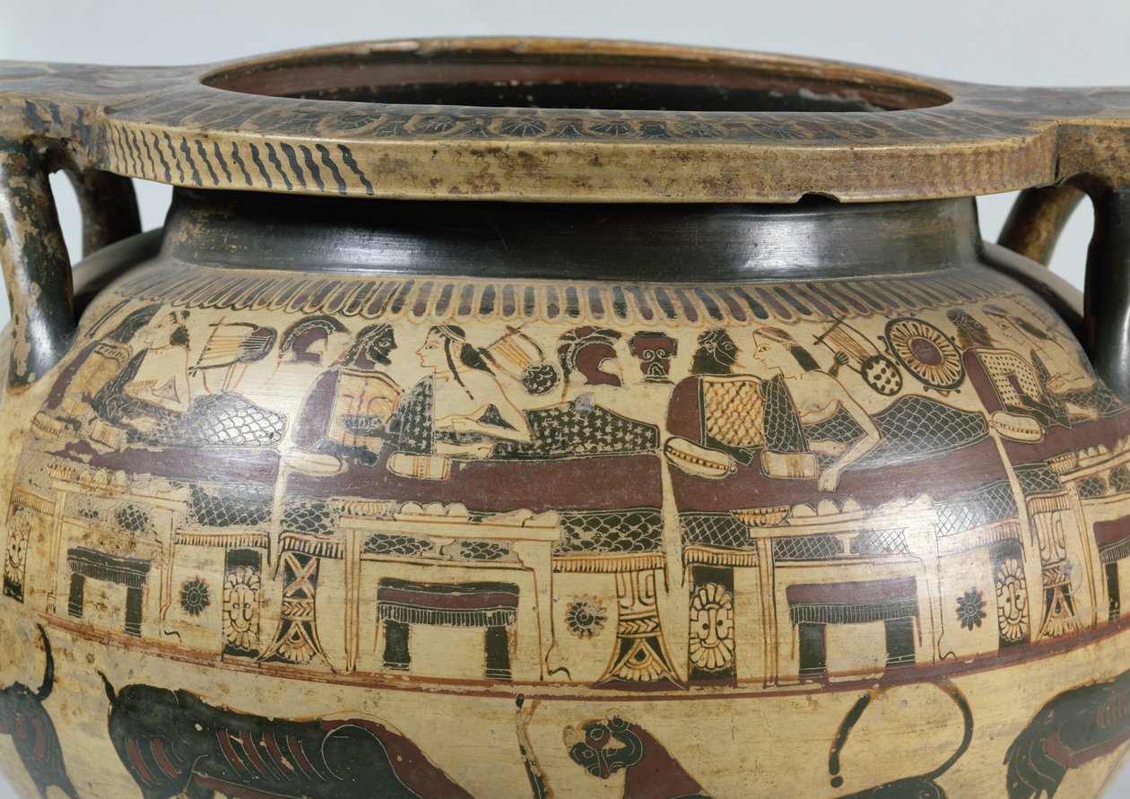 تفاصيل كراتر كورنثية مع مشهد مأدبة ، c.590-575 قبل الميلاد (الفخار) بواسطة رسام العثانة