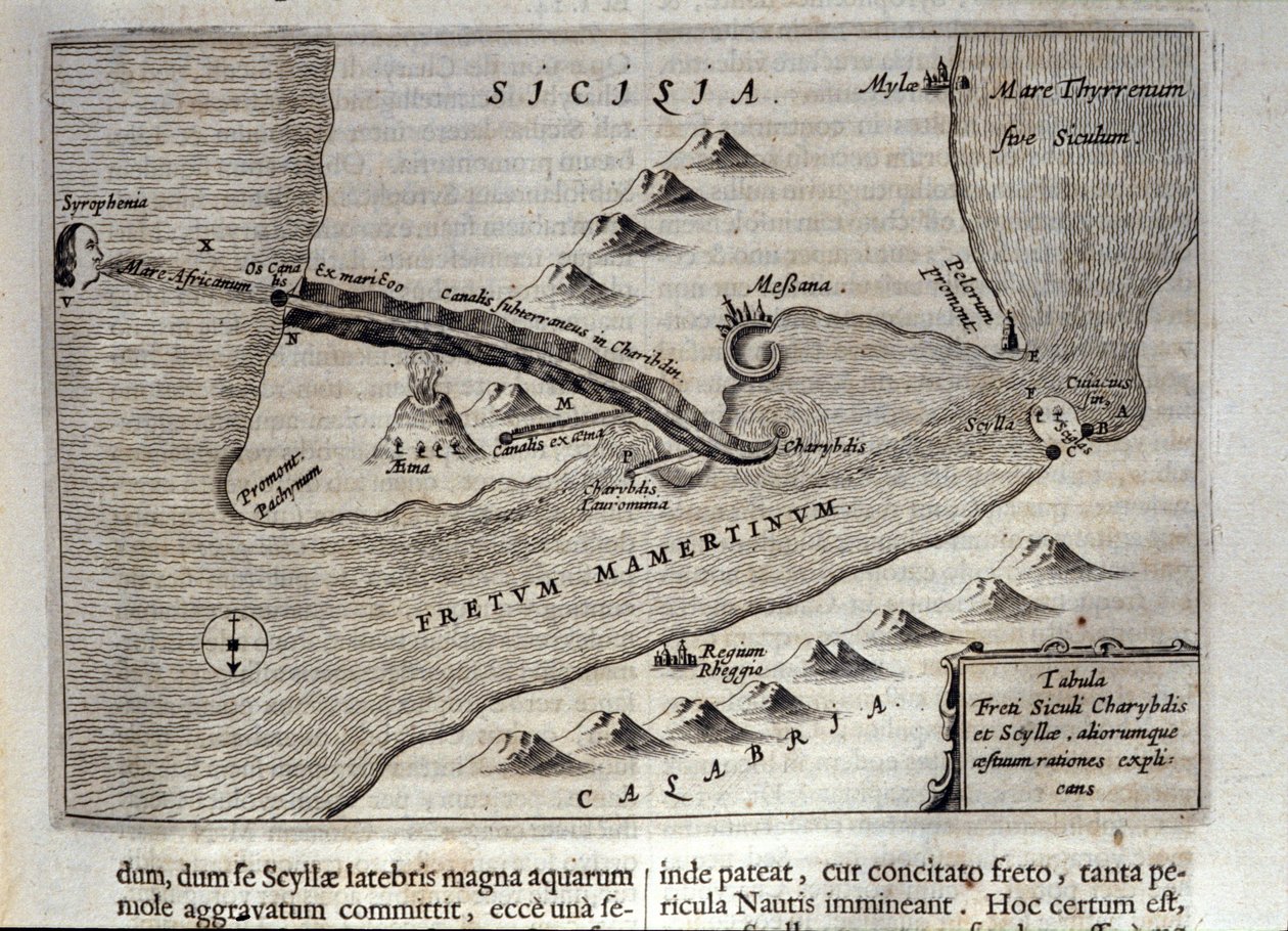 تمثيل رسم الخرائط لـ Charybde "" و "Scylla" في ديترويت في ميسينا ، صقلية "" نقش من "Mundus Subterraneus" "لأثناسيوس كيرشر (1601-1680) ، اليسوعي والمستشرق والباحث 1682 بواسطة أثناسيوس كيرشر