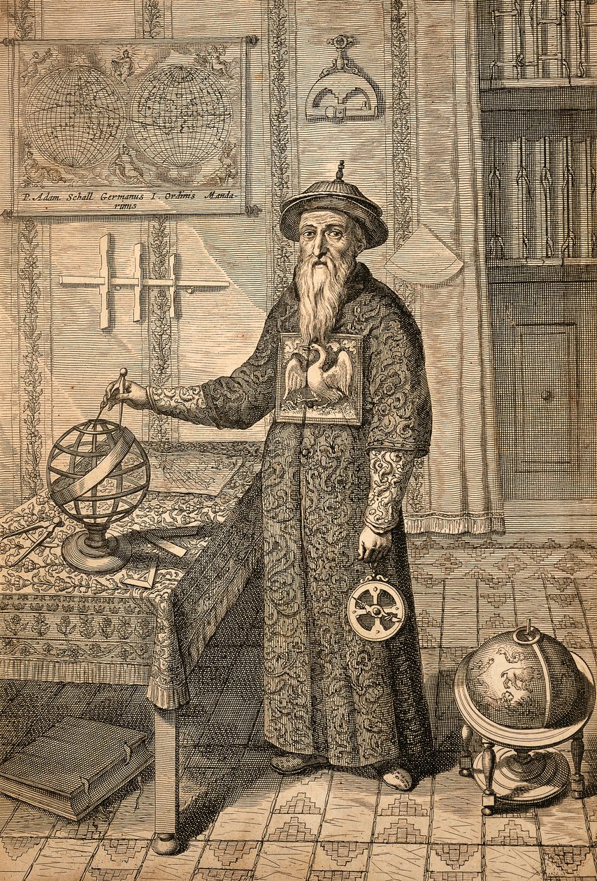 Jesuit Johann Adam Schall von Bell (1591-1666), predecessor of Ferdinand Verbiest, astronomer at the court of the Ming Dynasty in Nanjing, wearing Mandarin costume, from China monumentis بواسطة أثناسيوس كيرشر