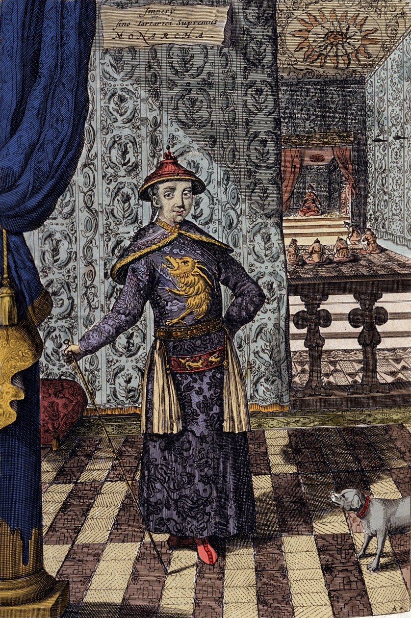 الإمبراطور الصيني والحاكم الأعلى للتتار - الإمبراطور الصيني كانغشي (1652-1722) سلالة تشينغ ، نقش أثناسيوس كيرشر (1601-1680) من "" China Monumentis، qua sacris qua profanis "" "" 1667 - الإمبراطور الصيني كانغشي (1652 -1722) أسر بواسطة أثناسيوس كيرشر