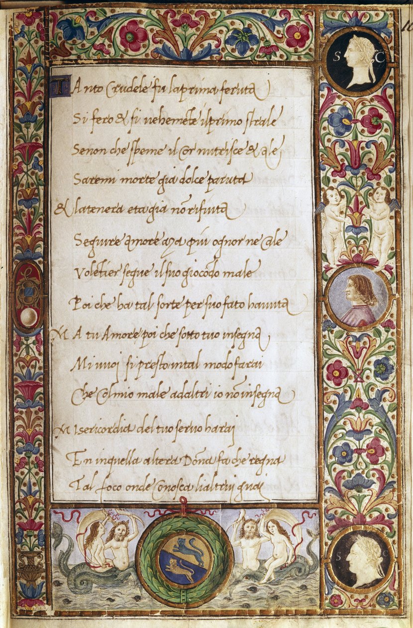 صفحة من مخطوطة "Il canzoniere" لفرانشيسكو بيتراركا (بتراركا) (1304-1374) مزخرفة بواسطة أتافانتي دي أتافانتي (1452-1525) (م. م. س. ف. 8.684) القرن الخامس عشر ديم. 19 × 12.7 سم فلورنسا، المكتبة الوطنية بواسطة Attavante di Gabriello di Vanti di Bartolo