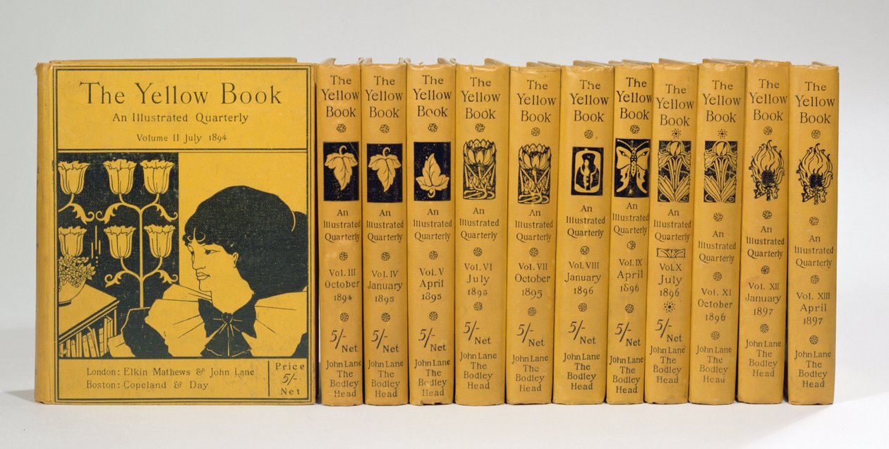 تصميمات الغلاف والعمود الفقري لـ "الكتاب الأصفر" ، المجلدات II-XIII ، تم نشرها عام 1894-97 (انظر أيضًا 29069) بواسطة اوبري بيردسلي