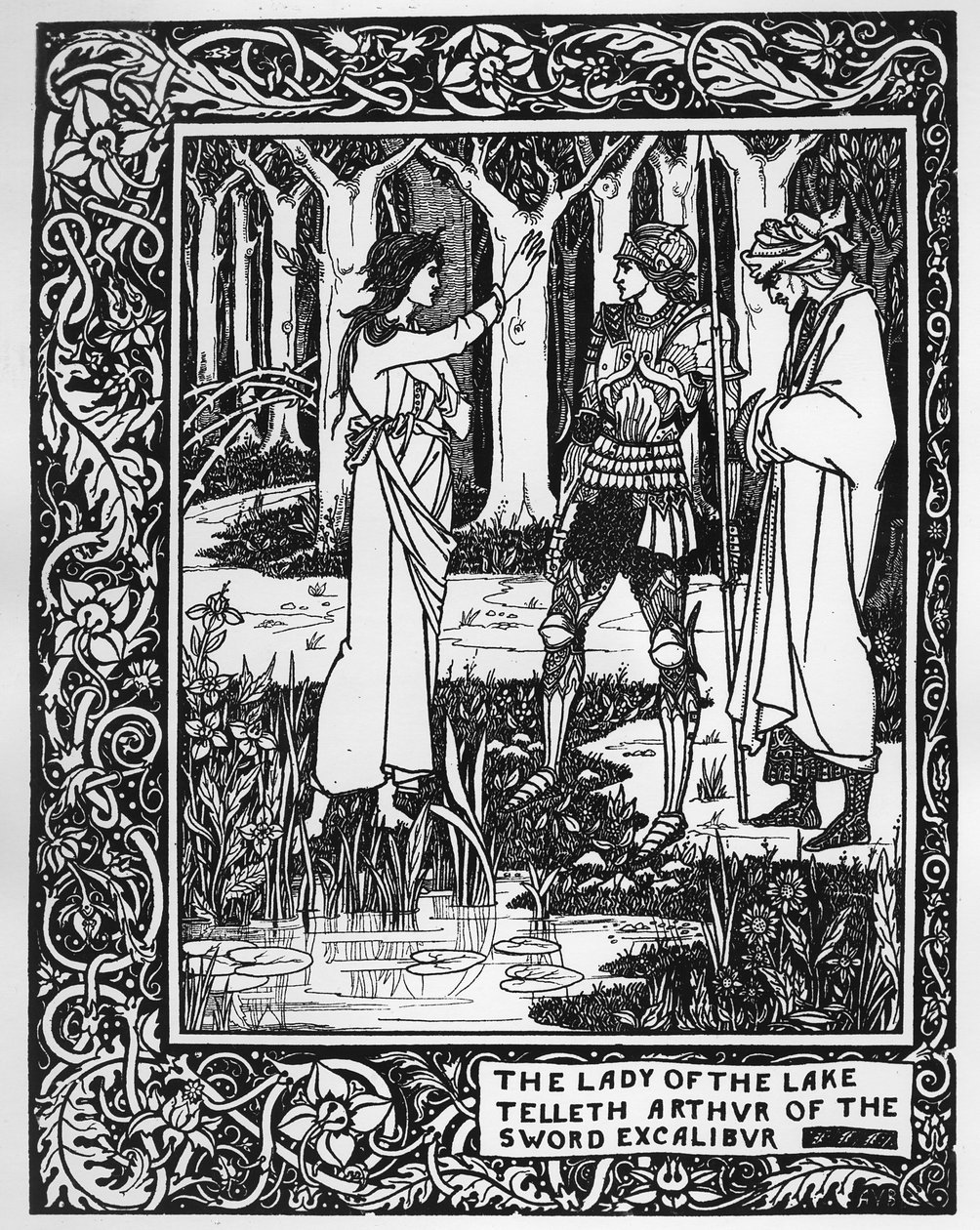 سيدة البحيرة تخبر آرثر السيف Excalibur ، رسم توضيحي من "Le Morte d&39;Arthur" بواسطة السير توماس مالوري ، 1893-94 بواسطة اوبري بيردسلي
