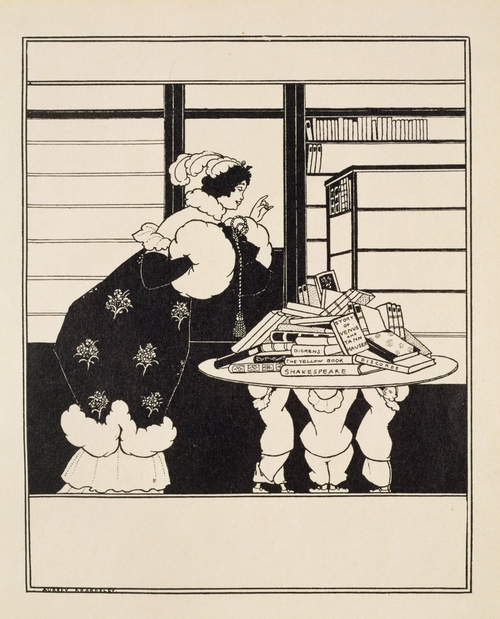 امرأة في مكتبة ، تصميم غلاف "الكتاب الأصفر" (غير مستخدم) c.1894-5 بواسطة اوبري بيردسلي