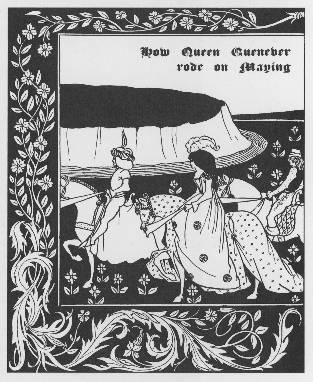 Arthurian Legend: "" Queen Guenievre Queen of May "" نقش في "" The Morte of Arthur "للسير توماس مالوري ، طبعة مصورة من قبل أوبري بيردسلي (1872-1898) 1893-1894 (أسطورة آرثر: الملكة جينيفير (جينيفير) ماياينغ ، التوضيح من قب بواسطة اوبري بيردسلي