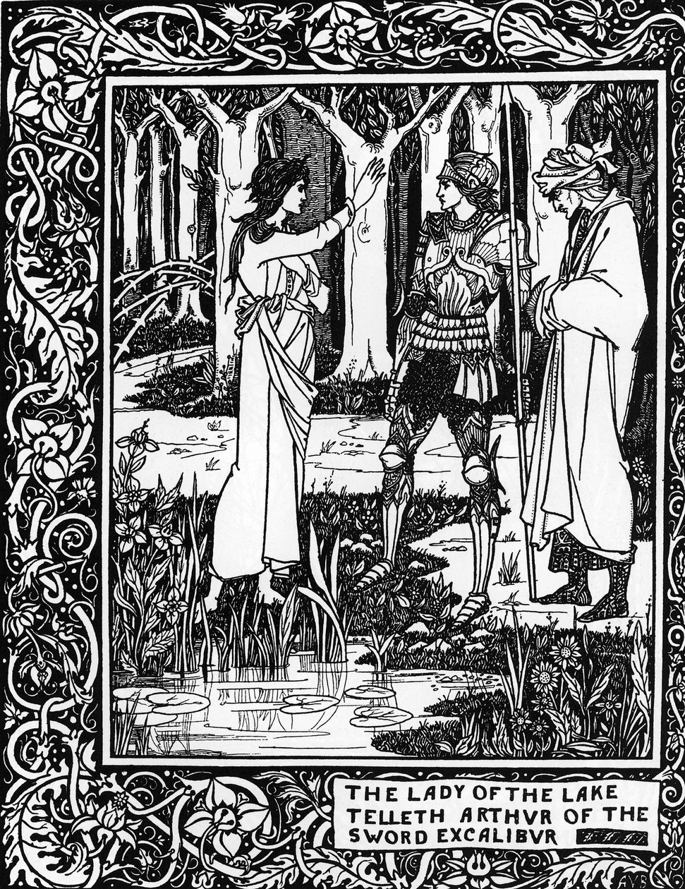 آرثر ليجند: "سيدة البحيرة (رسوم Vivian) تعلم آرثر وجود Excalibur epee" "نقش في" Le Morte d'Arthur "للسير توماس مالوري ، طبعة موضحة بواسطة أوبري بيردسلي (1872-1898) 1893- 1894 (الأسطورة آرثر: سيدة تي بواسطة اوبري بيردسلي