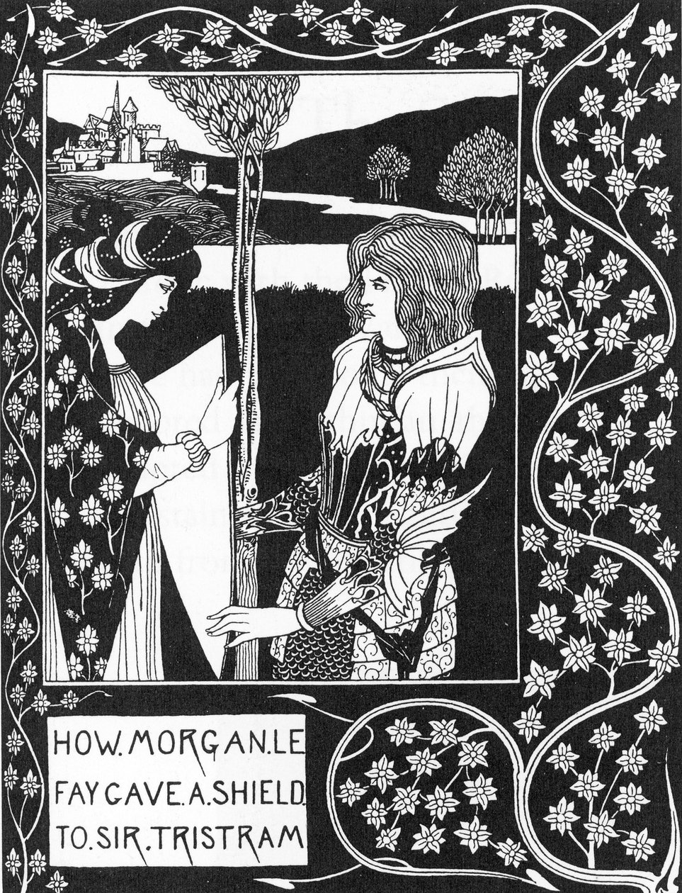 آرثر ليجند: "" الرسم الذي يمنحه مورغان درعًا لتريستان "" نقش في "قصة تريستان ومغامراته ، والتي تتضمن قصة حبه مع إيزولد" "" مورتي أوف آرثر "" للسير توماس مالوري ، طبعة مصورة بواسطة أوبري أعطى بيردسلي ( بواسطة اوبري بيردسلي