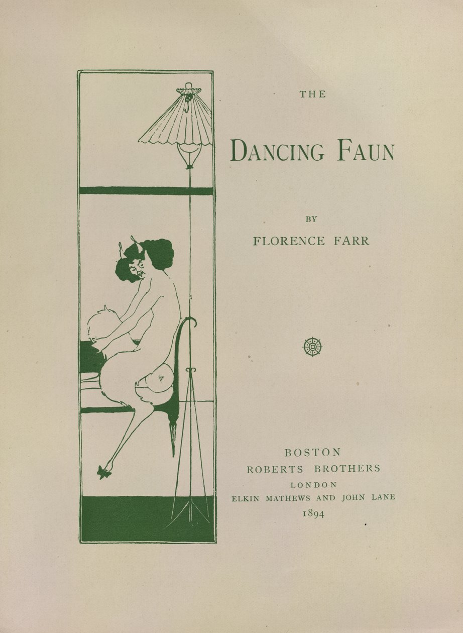 The Dancing Faun ، ورقة كتاب مزينة لـ "The Dancing Faun" بقلم فلورنس بار. الصورة مأخوذة من: 20 ملصق مصغر رسمها أوبري بيردسلي. تمثيل تصاميم عنوان "Keynotes Series" .. تم النشر بواسطة Roberts Bros: Boston بواسطة اوبري بيردسلي
