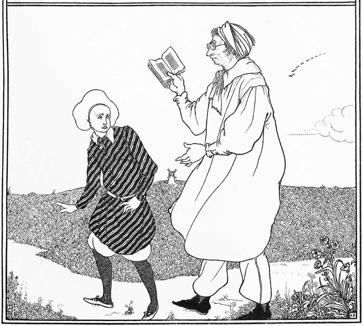 "المشكلة الأبدية للشباب والمشاة" ، الغلاف الأمامي للتوضيح "الكتاب الأصفر" ، 1894-95 بواسطة اوبري بيردسلي