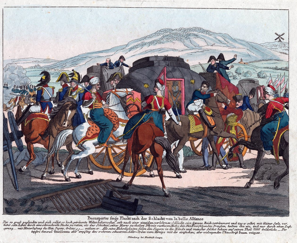 رحلة نابليون بعد معركة واترلو (1815) - كامب ، أغسطس فريدريش أندرياس (1777-1846) - حفر ، ألوان مائية - 21.5 × 26.3 - مجموعة خاصة بواسطة أغسطس فريدريش أندرياس كامبي