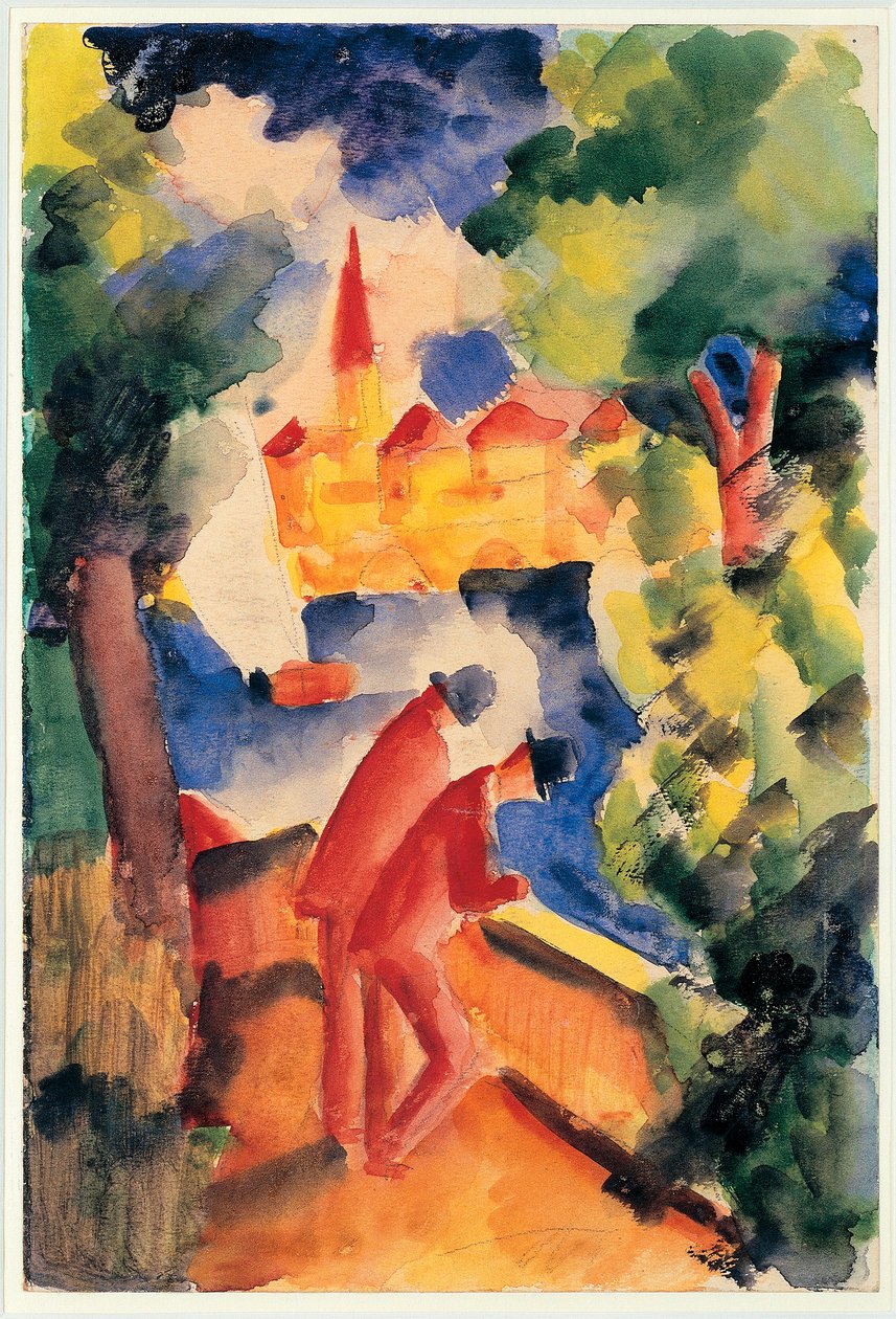 Two Men Arm On The Railing Overlooking A Lake 1914 (watercolour) بواسطة أغسطس ماكي
