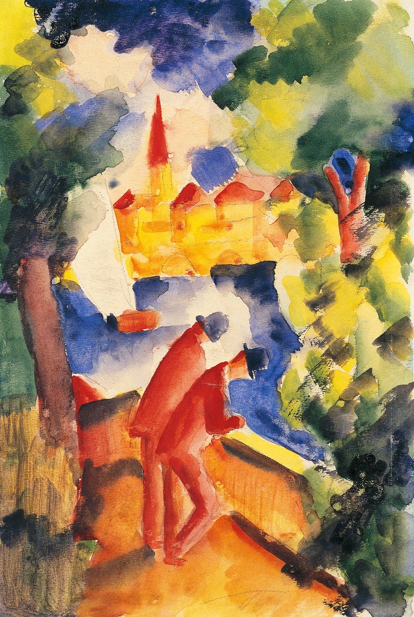 Two Men Arm On The Railing Overlooking A Lake 1914 (watercolour) بواسطة أغسطس ماكي