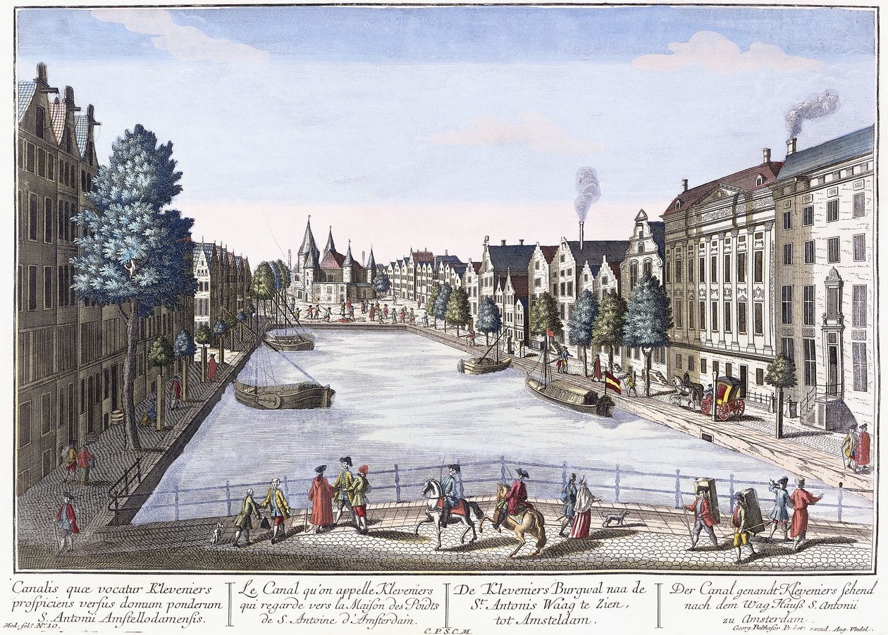 Vue of Kleveniers Canal، Amsterdam، c.1740-1770 (نقش ملون يدويًا) بواسطة أغسطس فيندل