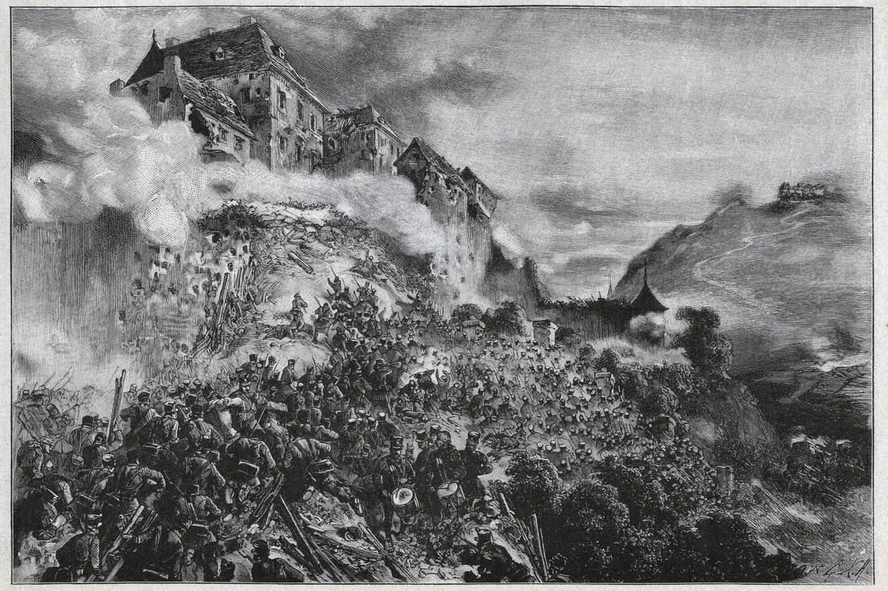 الثورة المجرية 1848-1849: اقتحم المتمردون المجريون قلعة بودا (الفرن) في 21 مايو 1849 - بعد الطباعة الحجرية بواسطة أغسطس فون بيتنكوفر بواسطة أغسطس Xaver Karl von Pettenkofen