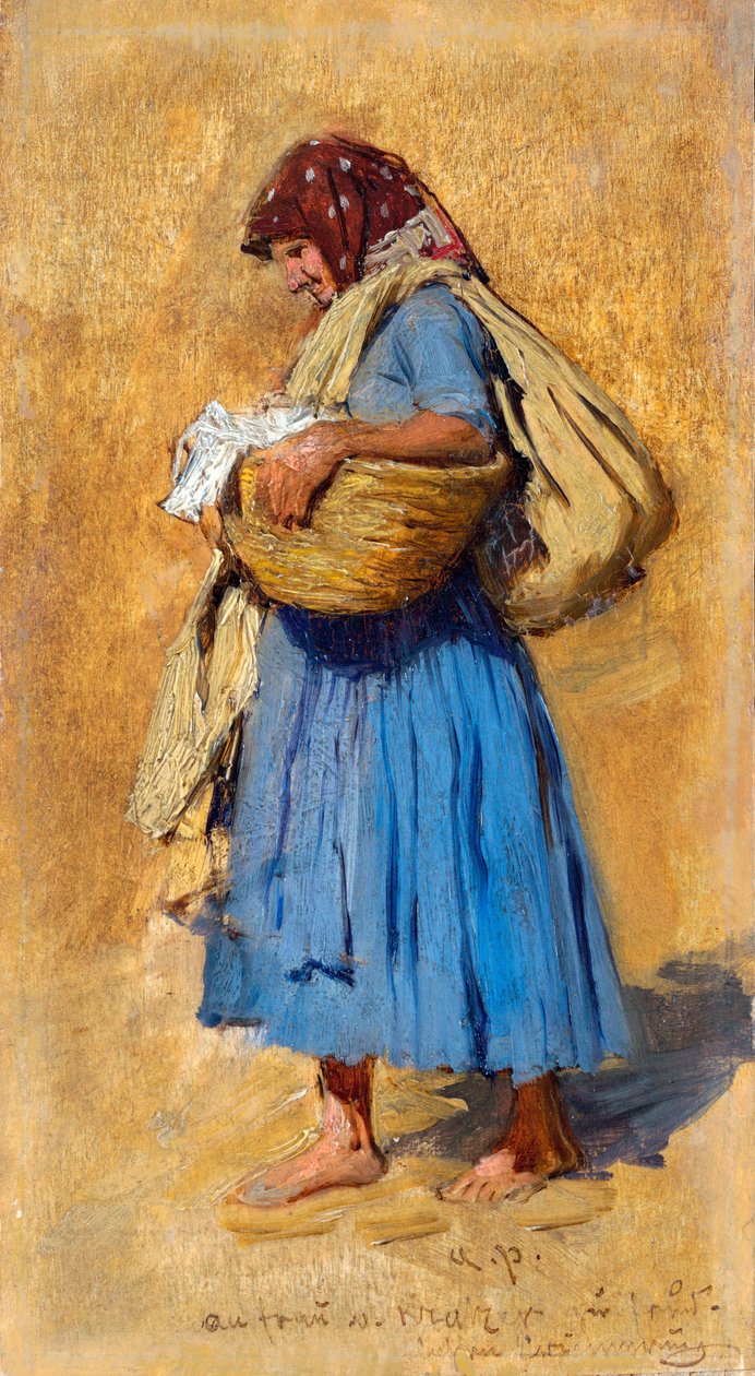 زوجة مزارع تنفخ أنفها - لوحة لأغسطس ريتر فون بيتنكوفن (1821-1889) ، زيت على خشب (15.4 × 8.4 سم) ، حوالي 1871-1874 - متحف ليوبولد ، فيينا (النمسا) بواسطة أغسطس Xaver Karl von Pettenkofen
