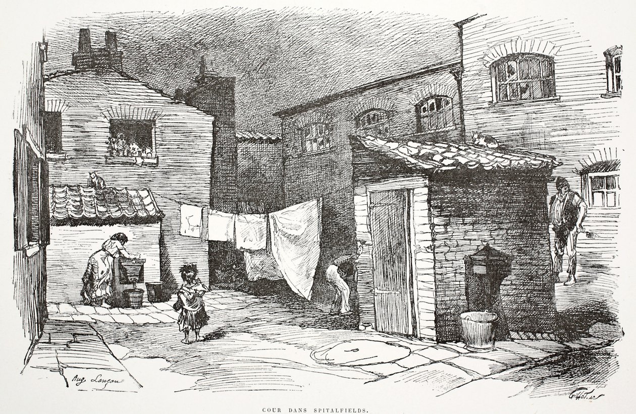 فناء في سبيتالفيلدز ، رسم توضيحي من الحانة "La Rue a Londres". بقلم G. Charpentier et Cie ، 1884 بواسطة أوغست أندريه لانكون