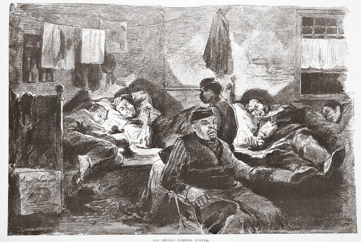 مدخني الأفيون الصينيين ، رسم توضيحي من الحانة "La Rue a Londres". بقلم G. Charpentier et Cie ، 1884 بواسطة أوغست أندريه لانكون