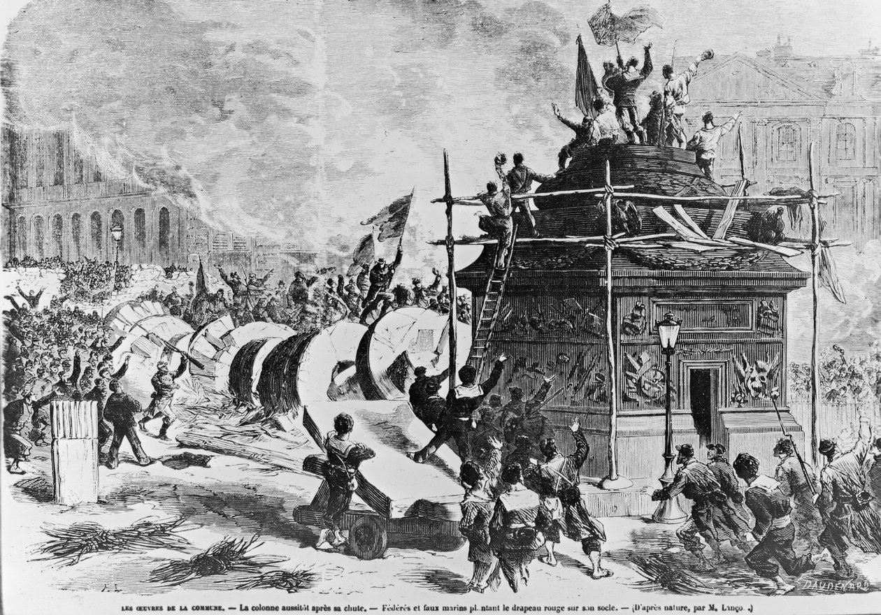 عمود Vendome بعد سقوطه مباشرة ، وضع Federes والبحارة المزيفون العلم الأحمر في القاعدة ، 16 مايو 1871 بواسطة أوغست أندريه لانكون