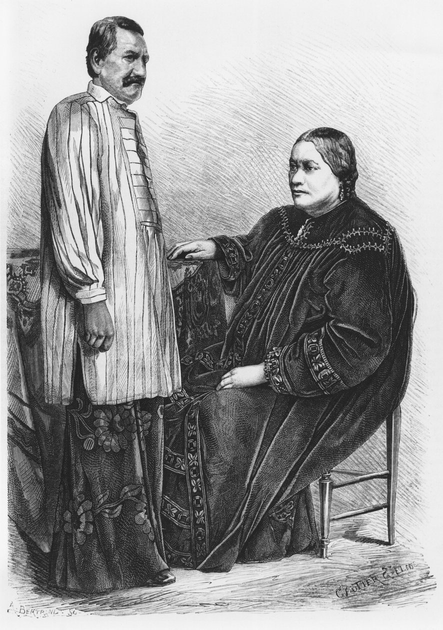 الملكة بوماري الرابعة (1827-1877) من تاهيتي وزوجها ، رسم توضيحي من `` Le Tour du monde &39;&39; ، منقوش بواسطة Gautier ، Saint-Elme (1849) 1876 بواسطة أوغست برتراند