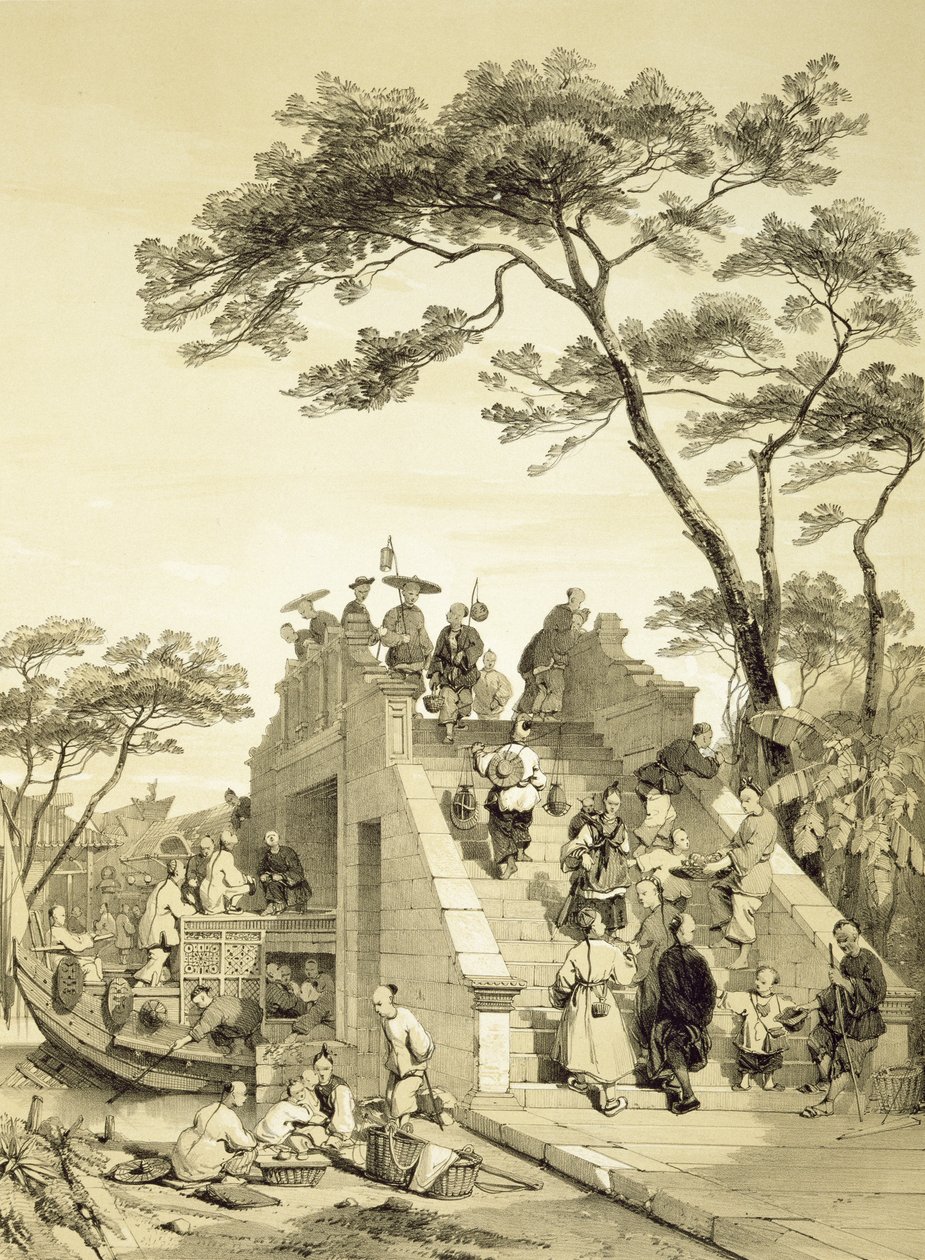 جسر بالقرب من كانتون ، اللوحة 30 من "اسكتشات الصين" ، نقشها يوجين سيسيري (1813-90) 1842 (ليثو ملون) بواسطة أوغست بورغيت