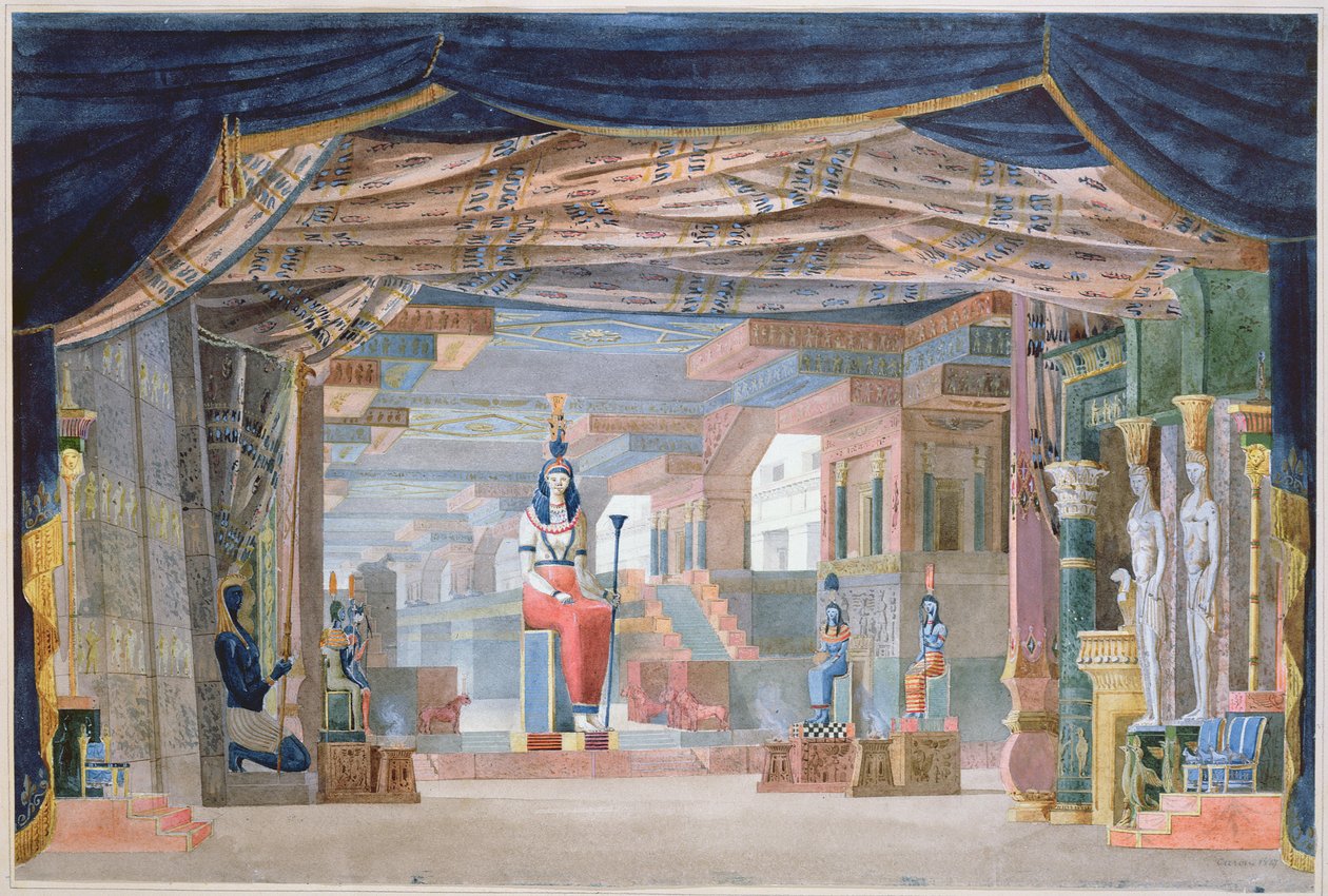 تصميم المسرح المصري للقانون الثالث لـ "Moise et Pharaon" للمؤلف روسيني ، أنتج لأول مرة في باريس في 26 مارس 1827 بواسطة أوغست كارون