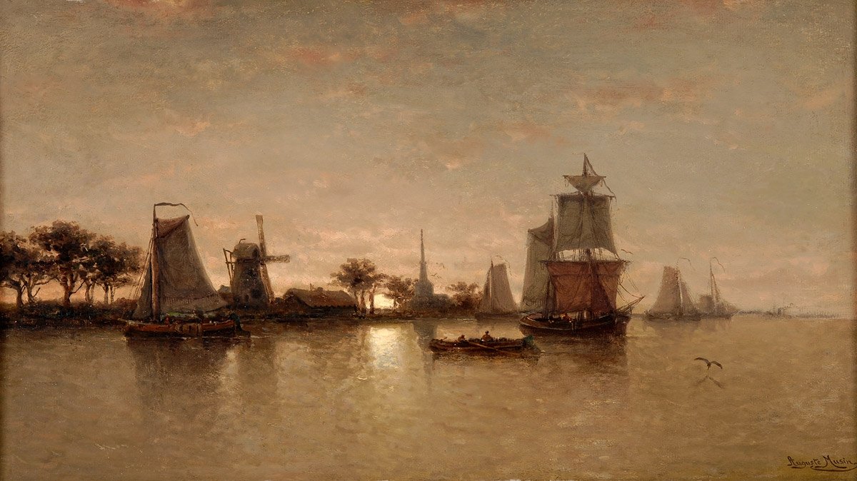 Flulandschaft bei MondscheinnNederlands: المناظر الطبيعية النهرية بواسطة ضوء القمر بواسطة أوغست موسين