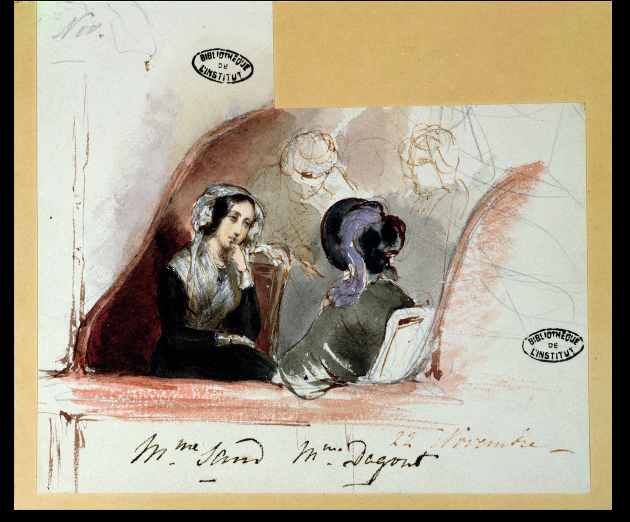 جورج ساند (1804-76) وماري دي فلافيني (1805-76) كونتيسة أغولت ، في الكوميديا الفرنسية ، 1834 بواسطة أوغست أودير