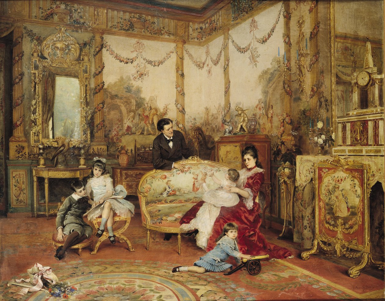 فيكتوريان ساردو (1831-1908) وعائلته في غرفة الرسم في Marly-le-Roi ، c.1875 بواسطة أوغست دي لا بريلي