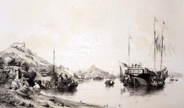 ساحل ماكاو عند هاي تايد ، اللوحة 12 من "اسكتشات الصين" ، نقشها يوجين تشيشيري (1813-90) 1842 (ليثو ملون) بواسطة أوغست (بعد) بورجيت