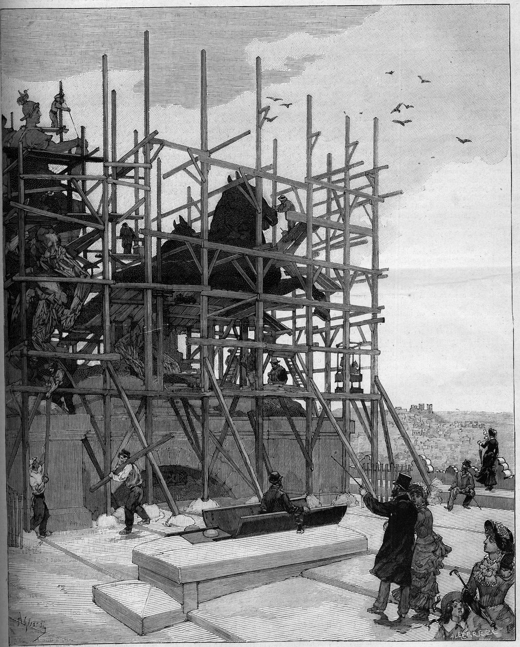 قوس النصر في باريس: الوضع الحالي لأعمال البناء على النحت الذي رسمه ألكسندر فالجويير (1831-1900) أو "Triomphe de la Republique" " بواسطة أوغست (بعد) جيراردين
