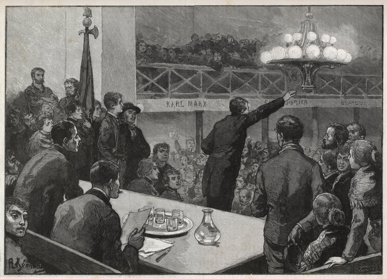 اجتماع للإضراب في Vooruit في عام 1885 - نقش عام 1885 "Le monde اللامع" - رسمه Gerardin بواسطة أوغست (بعد) جيراردين