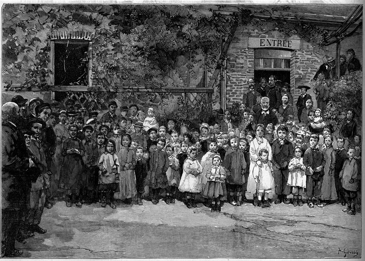 فيكتور هوغو (1802-1885) مع الأطفال الفقراء من Veules en Caux (Veules-en-Caux) الذين قدم لهم مأدبة يوم 24 سبتمبر 1882. نقش بواسطة Gerardin في "" Le Monde Illustré "" رقم 1333 من 14 أكتوبر 1882. بواسطة أوغست (بعد) جيراردين