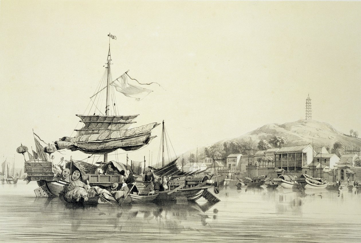 هونغ شانج ، اللوحة 17 من "اسكتشات الصين" ، نقشها يوجين سيسيري (1813-90) 1842 (ليثو ملون) بواسطة أوغست بورغيت